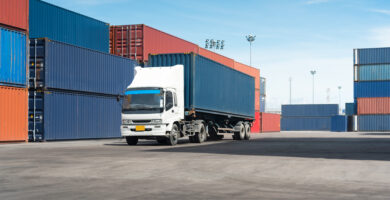 Truck with cargo container Freight service